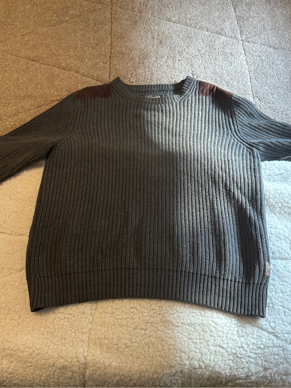 Men's Roots Vintage Ribbed Crewneck Sweater - Grey with Brown Shoulder Accents